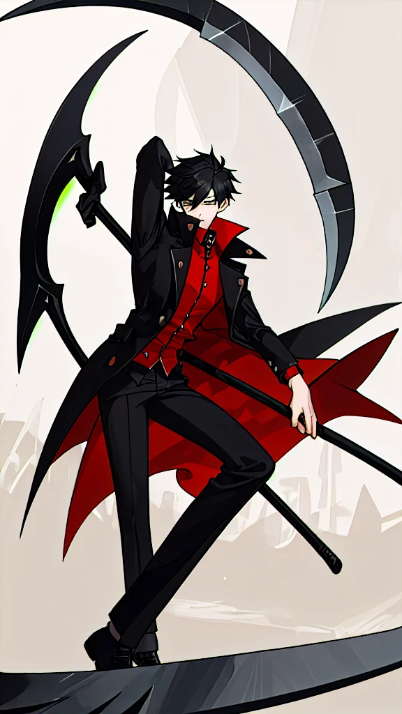 A age boy dynamic pose with a scythe, coat outfit,