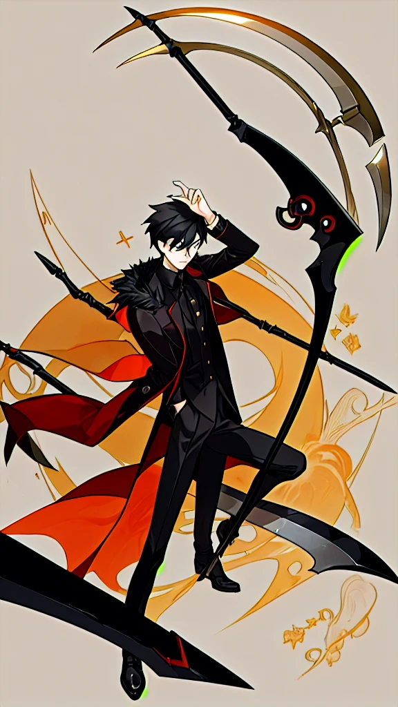 A boy dynamic pose with a scythe, coat outfit,