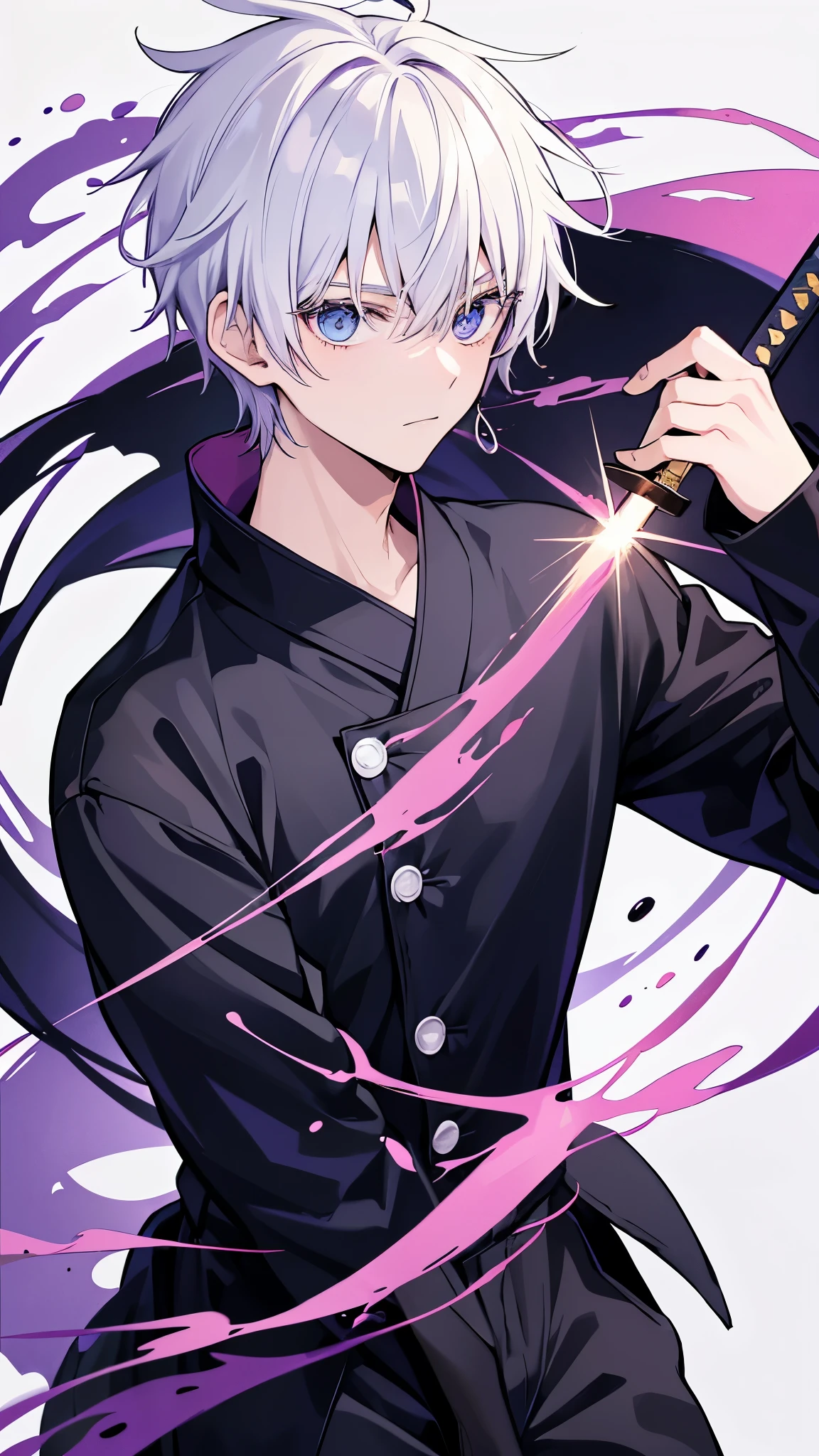 create a black Jujutsu no kaisen manga style image with a young male character extremely similar to Gaku from the Sakamoto Days manga, ele tem cabelo curto fe cor ciano claro e um capuz azul escuro quase preto, e olhos pretos, He wears red earrings and he is holding a heavy sword, he is extremely handsome and stylish, a imagem detalha bem ele, he is anime style.