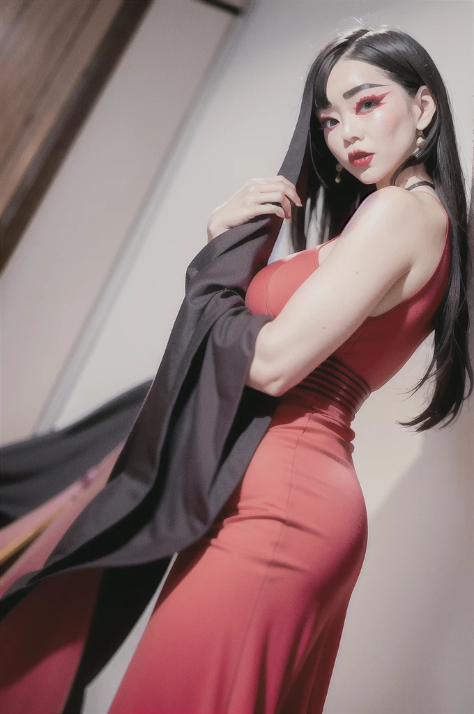 A woman who looks like she could be in a Kabuki play