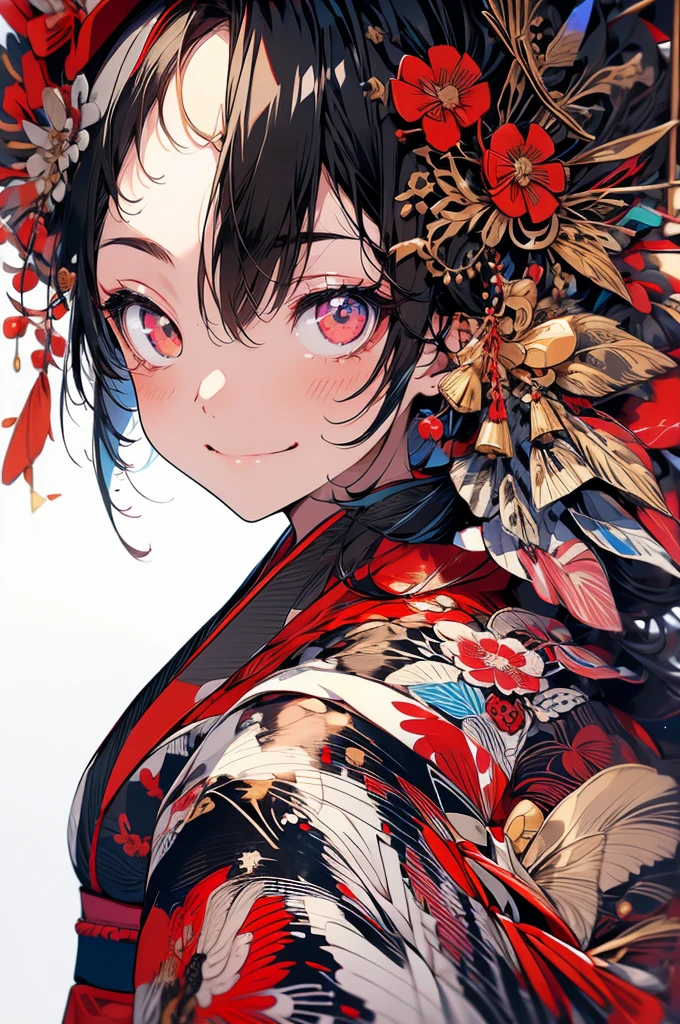 (Pieces fly), (Highest quality), Very detailed, 1 Girl, Focus Only，Perfect Face, Pretty face, Very detailed顔，(Black-haired:1.3)，(Red eyes:1.3)，Light，smile，new year，(kimono:1.4)，shrine