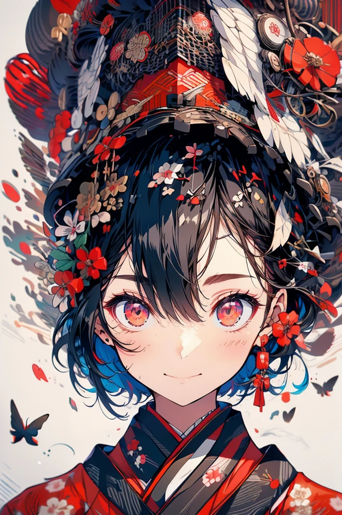 (Pieces fly), (Highest quality), Very detailed, 1 Girl, Focus Only,Perfect Face, Pretty face, Very detailed顔,(Black-haired:1.3),(Red eyes:1.3),Light,smile,new year,(kimono:1.4),shrine