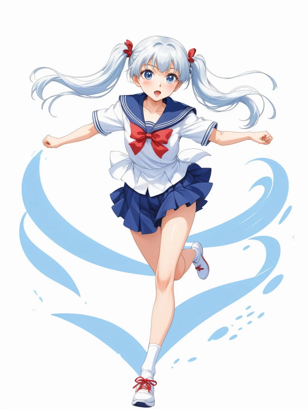 Sailor suit、girl、Twin tails、running、Anime Style、Background is white、