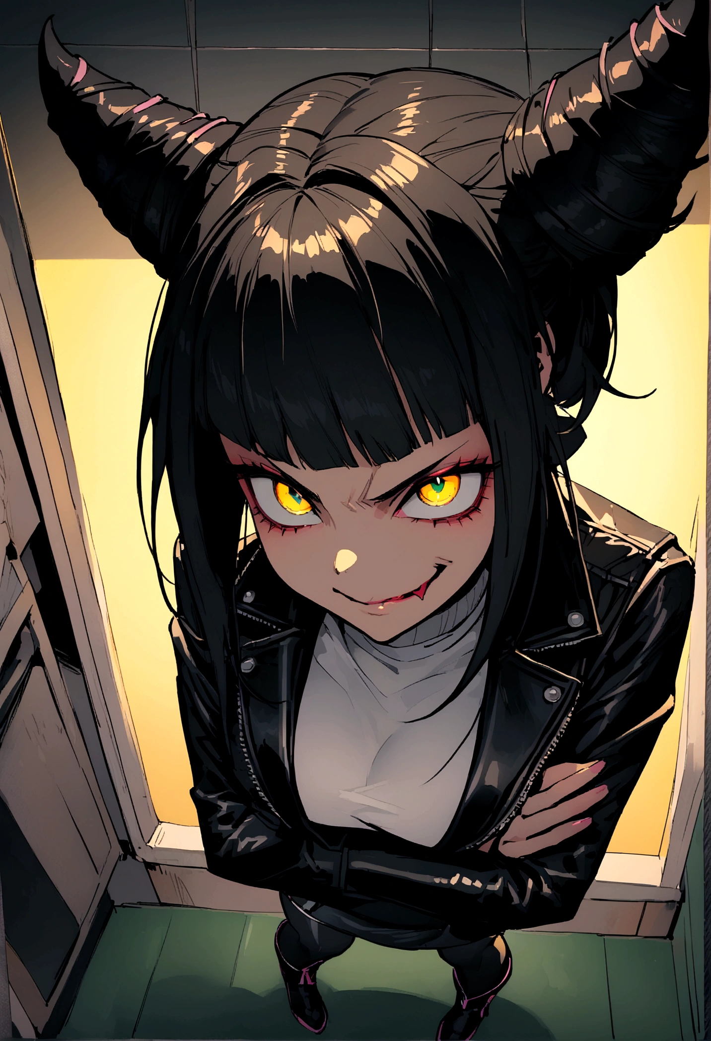 juri han,beautiful young warrior , with a very detailed and beautiful face, beautifuleyes, beautifuleyes, gorgeous face, beautiful young woman wearing long black leggings with black details, short mini skirt, usando leather jacket preta, Standing in an office, wearing black boots, horn hair, with black fringe, , evil smile ,white sweater with strap around, serious look,usando leather jacket preto, leather jacket,staring overhead,yellow lighting, evil smile,crossed arms
