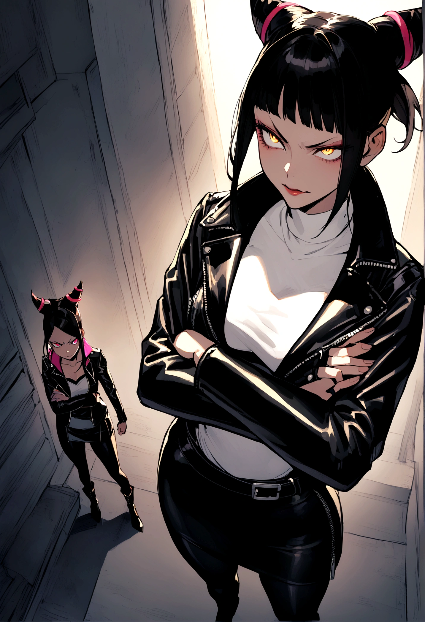 looking back,juri han,standing with your back to the viewer,beautiful young warrior , with a very detailed and beautiful face, beautifuleyes, beautifuleyes, gorgeous face, glowing purple eyes,beautiful young woman wearing long black leggings with black details, usando leather jacket preta, wearing black boots, horn hair, with black fringe, , evil smile ,white sweater with strap around, serious look,usando leather jacket preto, leather jacket,yellow lighting, evil smile,leggings,hands in pocket,beautiful ass,city at night illuminated,illuminated city alleys
