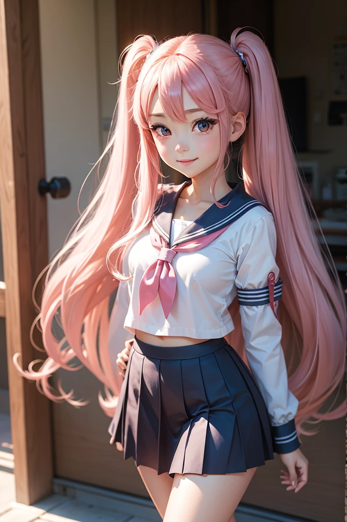 Perfect human body modeling, 1girl, small breasts, beautiful girl, cute girl and idol face, young face, smile, Beautiful long pink hair, twintails, Beautiful shining red eyes, white skin, Short body, Japanese Summer School Girl's Uniform, girls' sailor student uniform, sunlight, under the sun, 