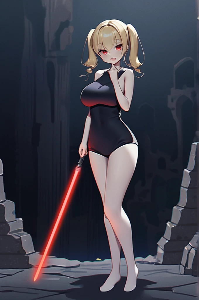 ((Лучшее качество)), ((шедевр)), (подробный), a girl, blonde with two ponytails, huge breasts, red eyes, short stature, lascivious expression, open mouth, black top, sleeveless, without gloves, without pants, without shoes, black panties, without a bra, a red lightsaber in her left hand, stands against the background of ancient gloomy ruins on a moonlit night. front view of the whole body. high quality.