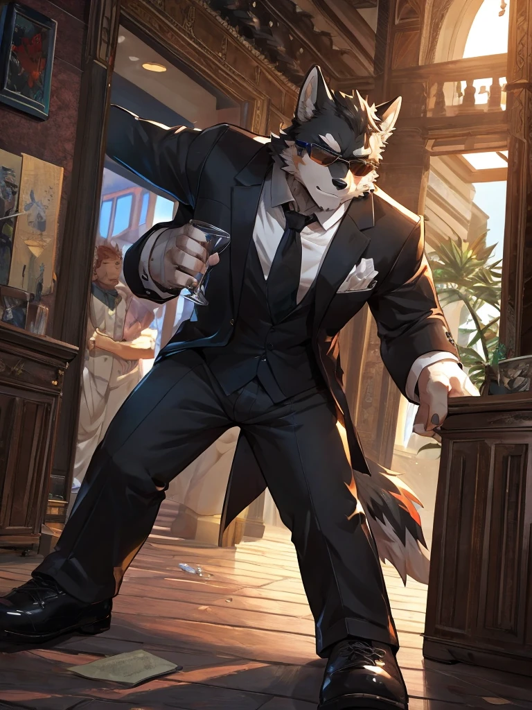 embedding:Black wolf，male, Scar on the face, Single Person,black fur,Black tattoo on his arm.Eyebrow studs,Broken eyebrow,black Sunglasses,Mob boss,Gangsters,Black suit,Leather shoes,A dark scene,Black tone,Dark style,In a luxury building,Behind it is a large glass.in the villa,Overbearing,A sense of oppression,Best quality hands, best quality eye，detailed fur，Delicate eyes.Extreme picture quality，by sollyz,by zixiong,by milkytiger1145
