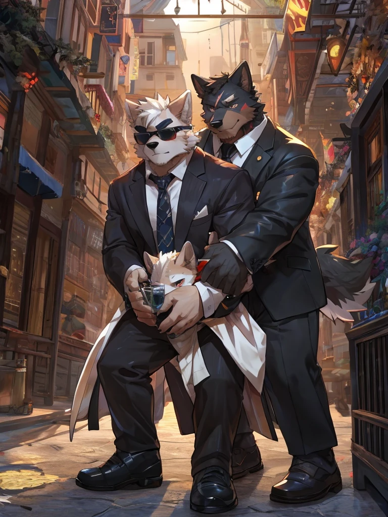 embedding:Black wolf,male, Scar on the face, Single Person,black fur,Black tattoo on his arm.Eyebrow studs,Broken eyebrow,black Sunglasses,Mob boss,Gangsters,Black suit,Leather shoes,A dark scene,Black tone,Dark style,In a luxury building,Behind it is a large glass.in the villa,Overbearing,A sense of oppression,Best quality hands, best quality eye,detailed fur,Delicate eyes.Extreme picture quality,by sollyz,by zixiong,by milkytiger1145