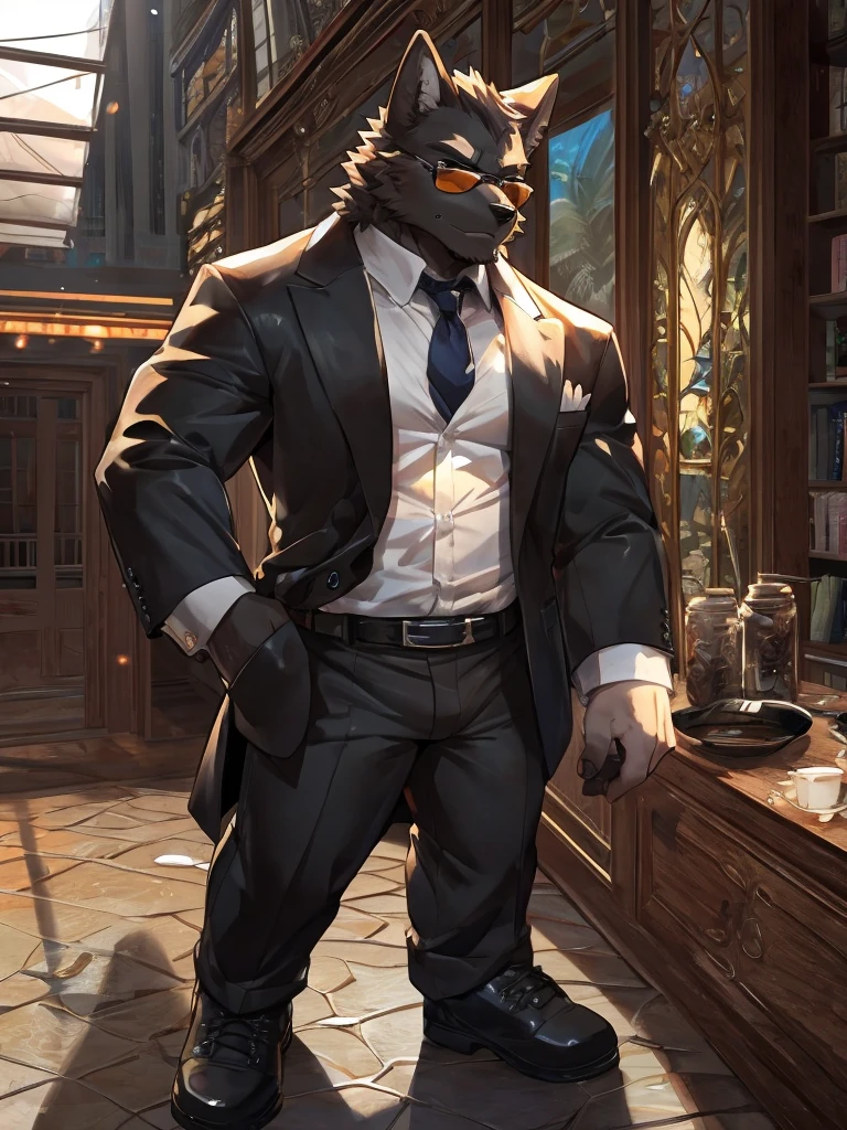 embedding:Black wolf,male, Scar on the face, Single Person,black fur,Black tattoo on his arm.Eyebrow studs,Broken eyebrow,black Sunglasses,Mob boss,Gangsters,Black suit,Leather shoes,A dark scene,Black tone,Dark style,In a luxury building,Behind it is a large glass.in the villa,Overbearing,A sense of oppression,Best quality hands, best quality eye,detailed fur,Delicate eyes.Extreme picture quality,by sollyz,by zixiong,by milkytiger1145