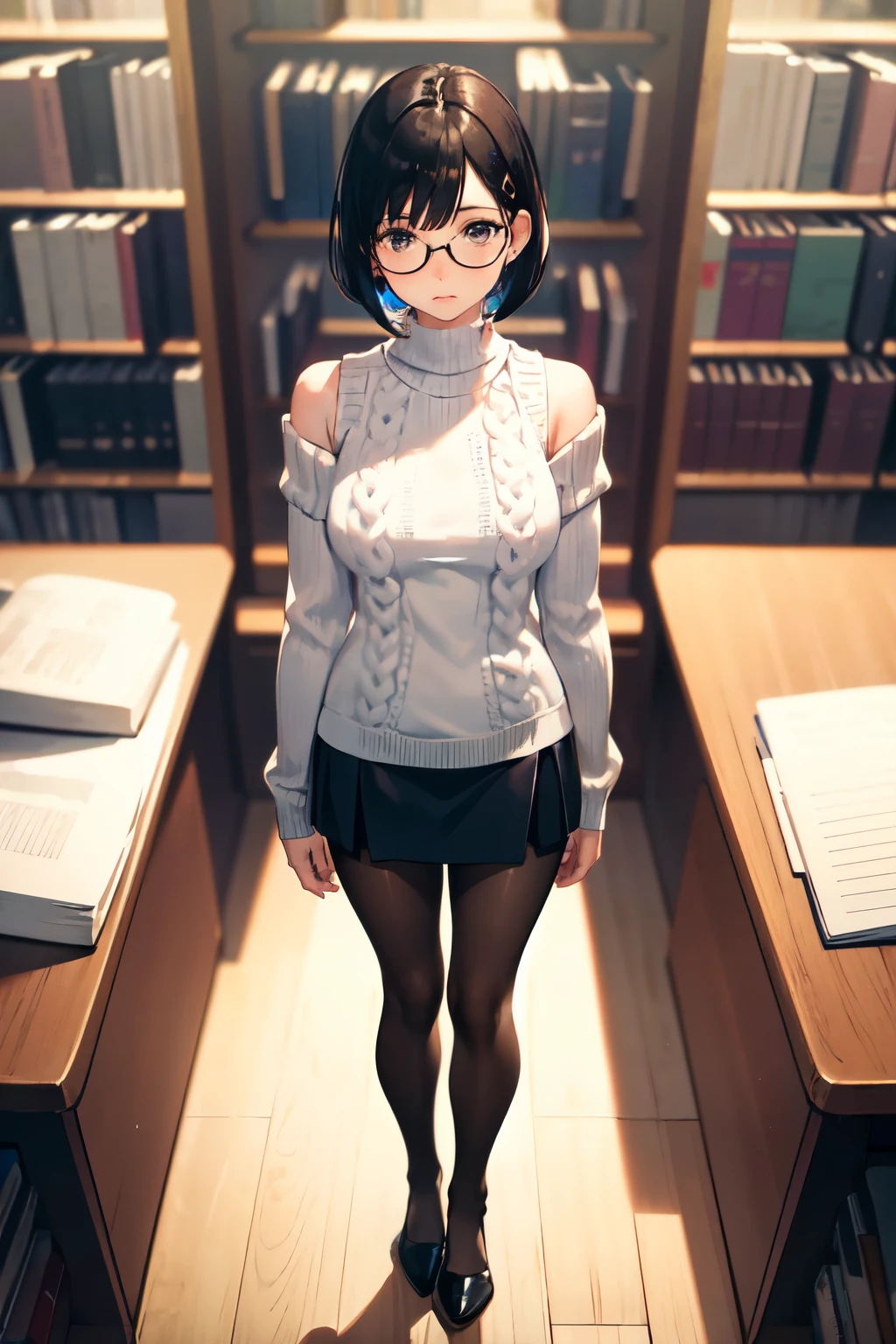 (Shot from above), Put your arms down, ((Shoulder-length straight bob hair:1.3)), (Black Hair:1.2),(Tearful face:1.2), (Adult female:1.4), 8K, Tabletop, RAW Photos, Highest quality, Realistic, Very detailed, ((Very detailed肌)), (Leg Focus Shot:1.5), 20-year-old, (Medium chest:1.2),(Black mini skirt, Black realistic pantyhose,White knit sweater:1.4), (Standing in front of a desk in the library:1.2), Rimless Glasses