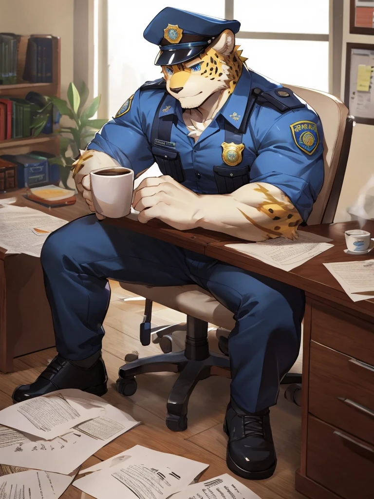 embedding:Leopard,Pale blue eyes,Single Person,Male,Chief,Wearing a police uniform,Wearing a police cap,modern,Eat a doughnut.Sitting in the office,There are papers and coffee cup on the table.Ray tracing,muscle,Serious,Stubble,Maturity,Best quality hands, best quality eye,detailed fur,Delicate eyes.Extreme picture quality,by sollyz,by zixiong,by milkytiger1145