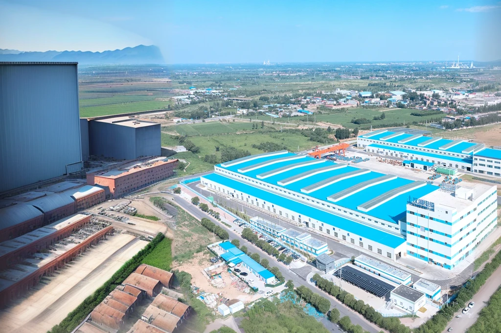 Aerial view of a factory with a large blue roof and buildings, mountain valley to factory, Factory Background, Very very surreal, huge factories, Large scale, gigantic scale, wide image, Industrial surroundings, Company Profile Factory Photos, Eight thousand. filling of the view, Airsoft Arena Landscape, Ultra-high resolution, Power plant location