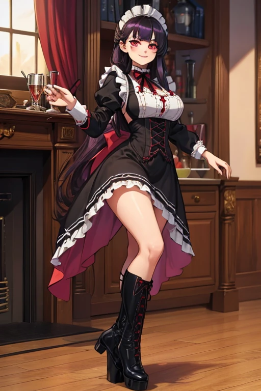 female, purple long hair, red eyes, (((1girl))), (((black Victorian maid uniform))), (black heeled boots), (white apron), cute and sexy, full body, large breasts, long legs, smiling