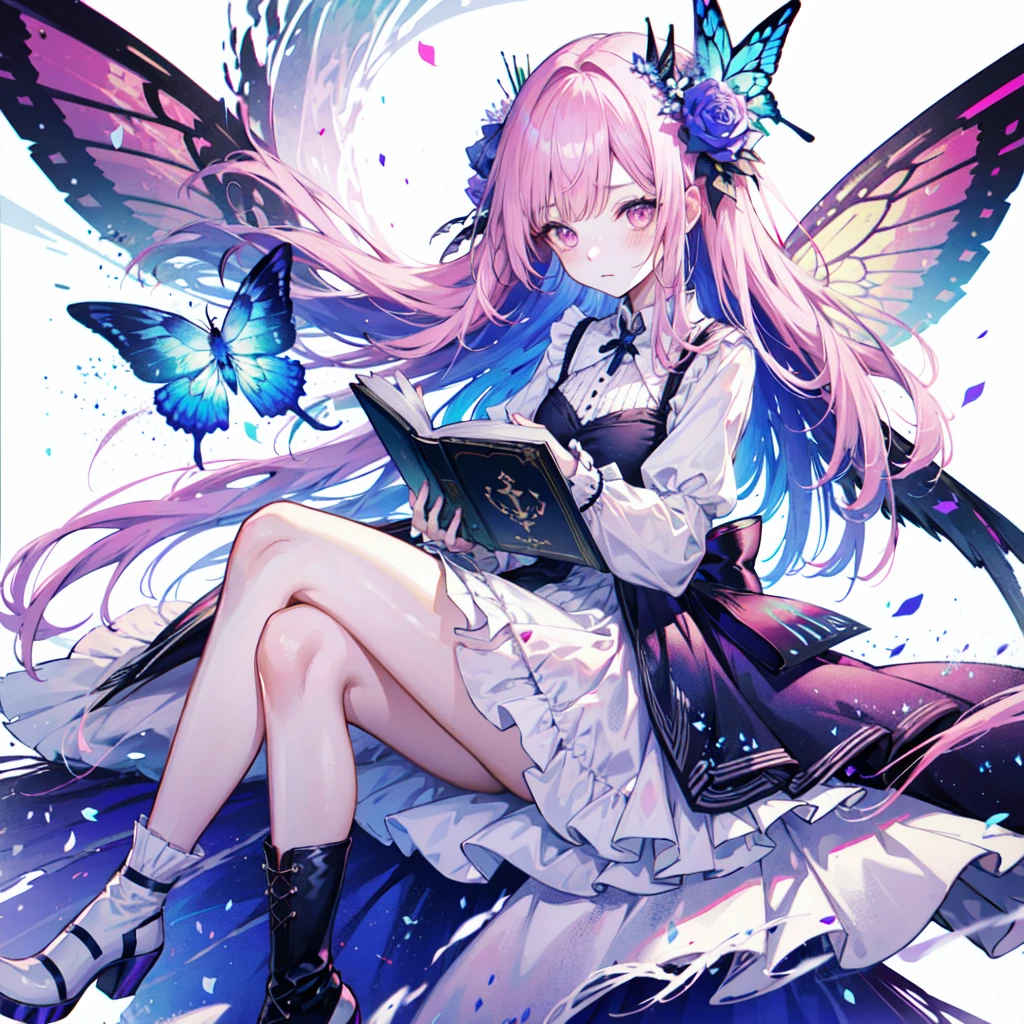 parameters
(pink theme),1girl, solo, flower, pink hair, long hair, wings, white background, pink flower, hair ornament, book, pink eyes, sitting, hair flower, dress, frills, simple background, white footwear, looking at viewer, bangs, petals, wide sleeves, full body, blue flower, holding, boots, long sleeves, closed mouth, very long hair, open book, wrist cuffs, white dress, holding book, butterfly wings, rose, pink rose, blush, purple flower, frilled dress, fairy wings, frilled sleeves,