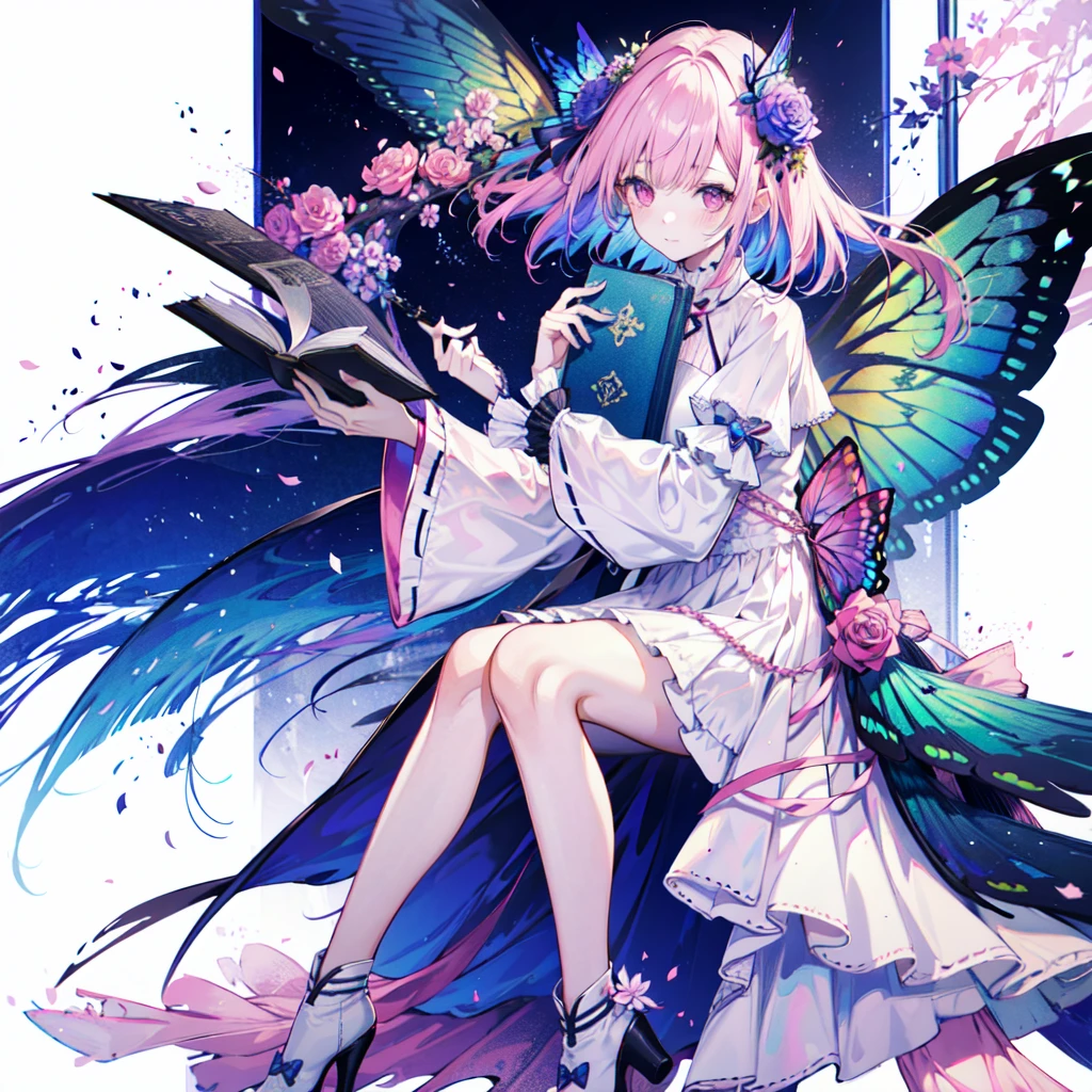 parameters
(pink theme),1girl, solo, flower, pink hair, long hair, wings, white background, pink flower, hair ornament, book, pink eyes, sitting, hair flower, dress, frills, simple background, white footwear, looking at viewer, bangs, petals, wide sleeves, full body, blue flower, holding, boots, long sleeves, closed mouth, very long hair, open book, wrist cuffs, white dress, holding book, butterfly wings, rose, pink rose, blush, purple flower, frilled dress, fairy wings, frilled sleeves,