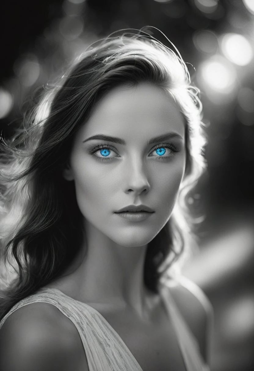 black and white, a woman with blue eyes, half body shot, whimsical photography style, captured with an Arriflex 35BL camera using Canon K25 prime lenses, cinematic, dramatic lighting, ultra clear, breathtaking surreal masterpiece.