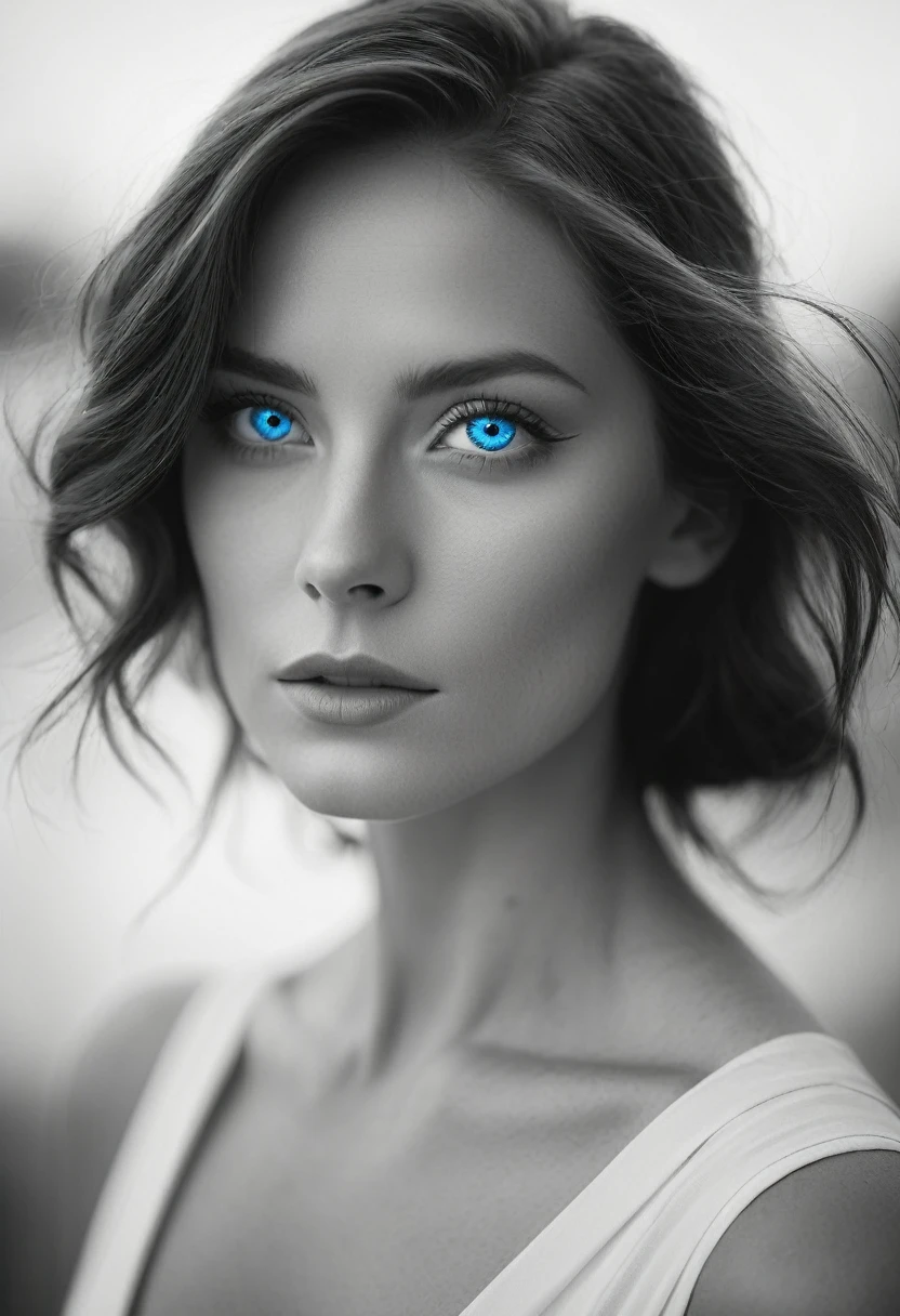 black and white, a woman with  blue eyes, half body shot, whimsical photography style, captured with an Arriflex 35BL camera using Canon K25 prime lenses, cinematic, dramatic lighting, ultra clear, breathtaking surreal masterpiece.