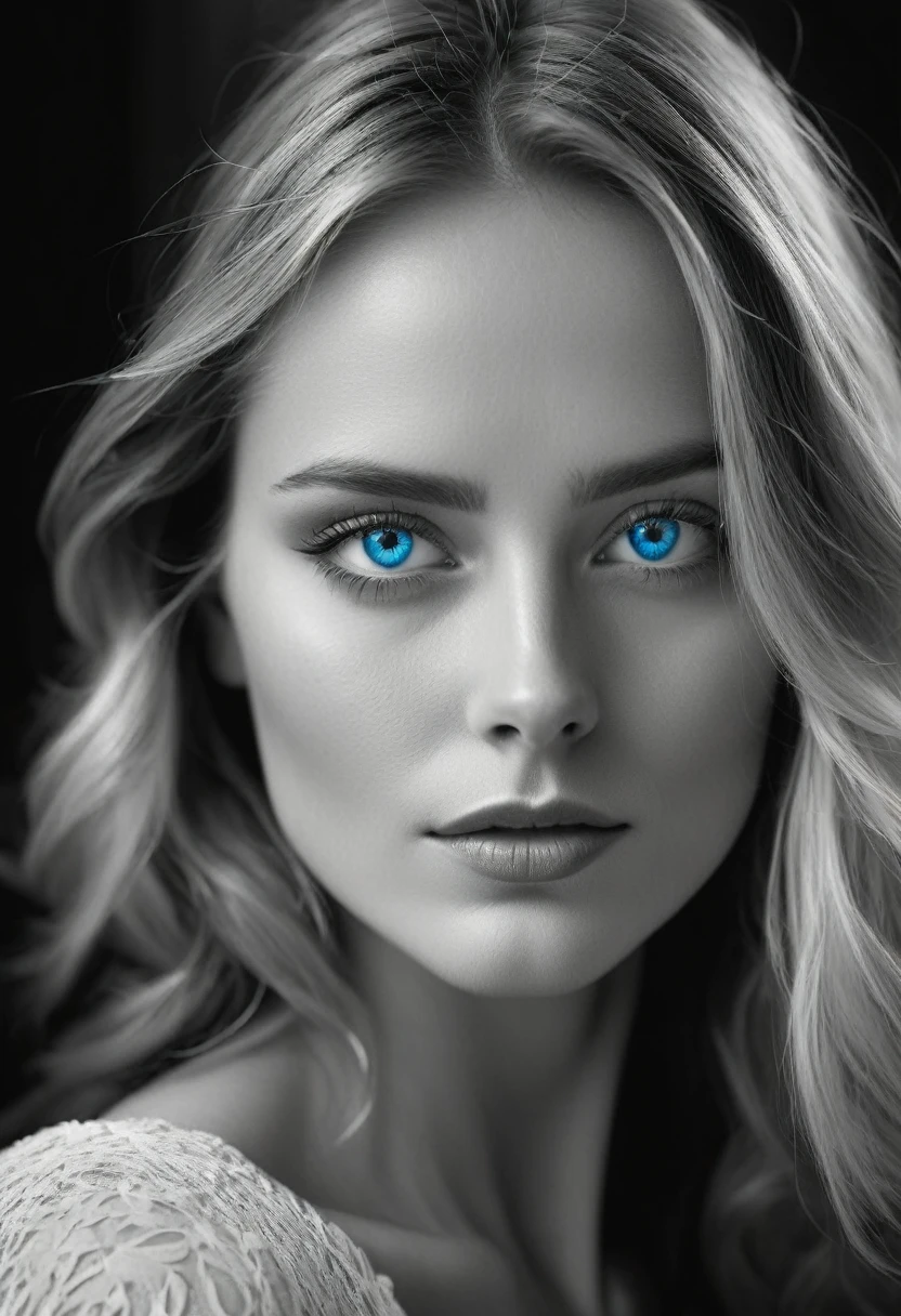 black and white, a woman with blue eyes, half body shot, whimsical photography style, captured with an Arriflex 35BL camera using Canon K25 prime lenses, cinematic, dramatic lighting, ultra clear, breathtaking surreal masterpiece.