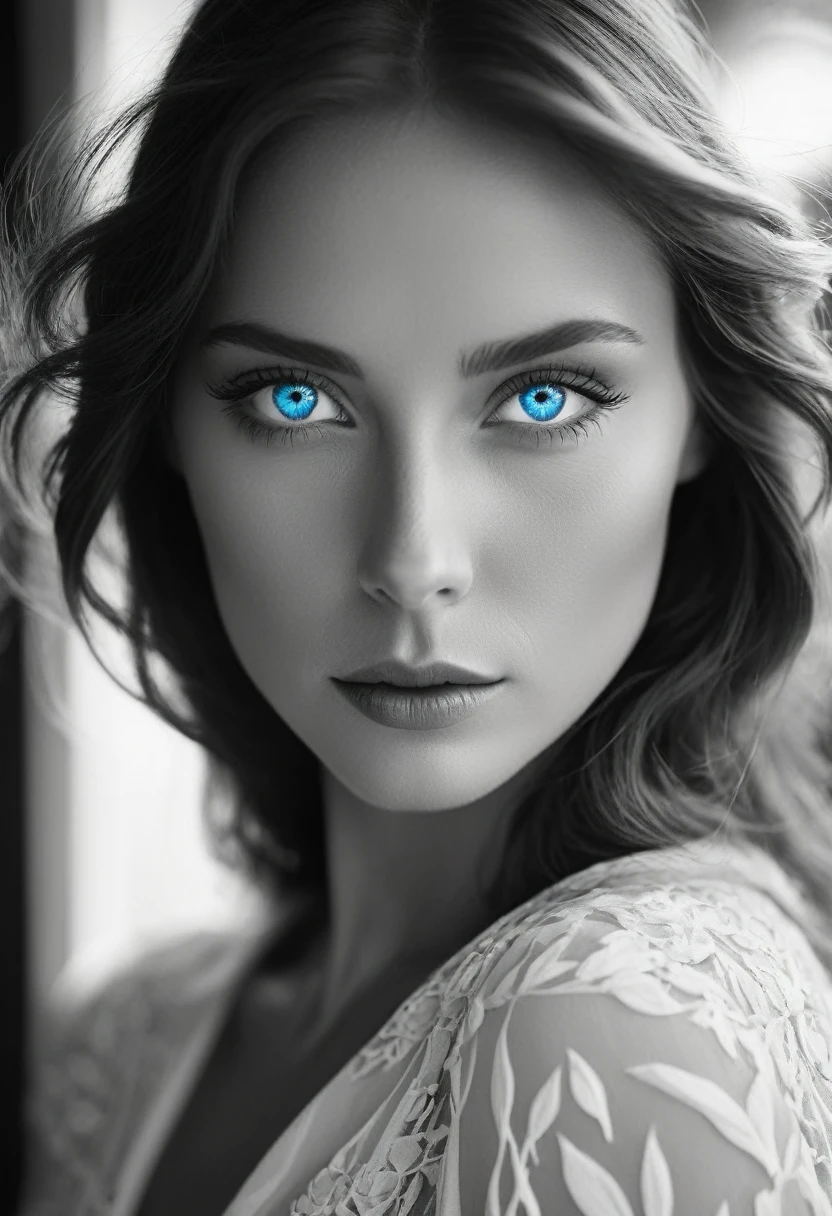 black and white, a woman with blue eyes, half body shot, whimsical photography style, captured with an Arriflex 35BL camera using Canon K25 prime lenses, cinematic, dramatic lighting, ultra clear, breathtaking surreal masterpiece.