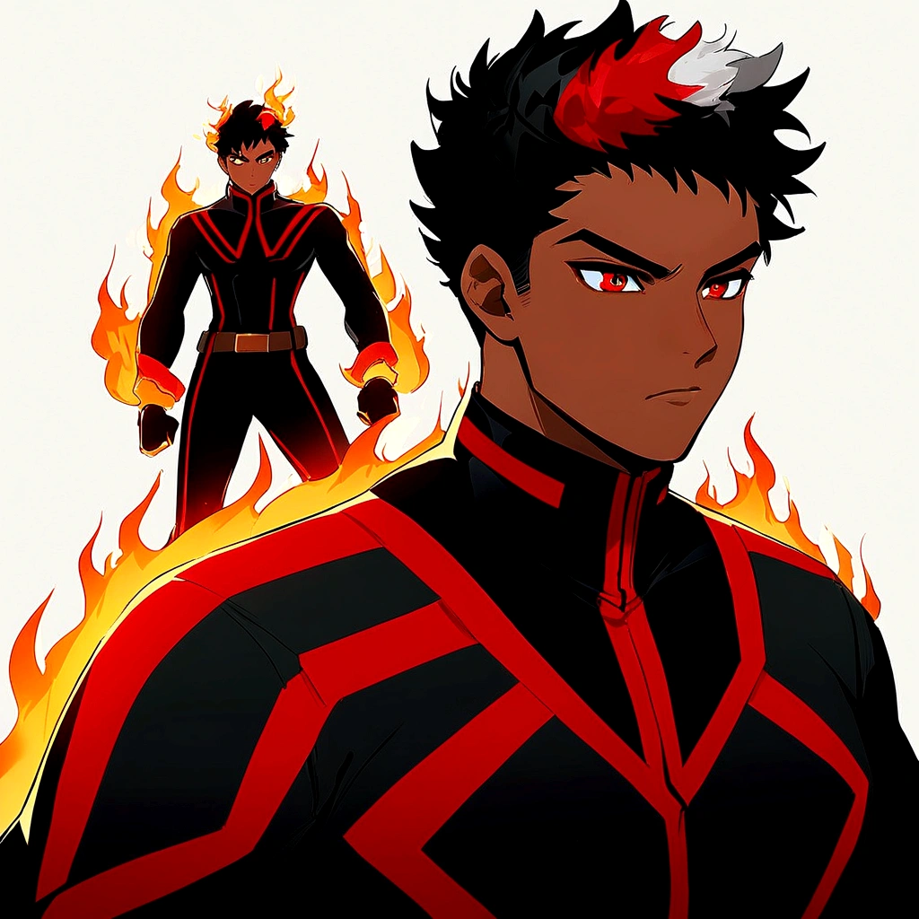 Black teenager man using fire powers in black superhero costume with red lines
