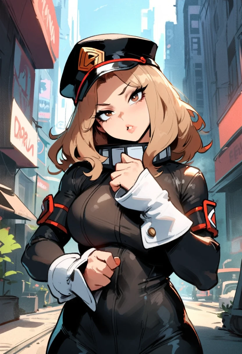 1girl, utsushimi kemii, boku no hero academia \\\\\ masterpiece, best quality, very aesthetic, absurdres, newest \\\\\\ slim body,///// by dodok,by nyantcha,cutesexyrobutts , by khyle,,////// beautiful face, light brown hair ,plump and glossy lips, . , , dark brown eyes,, cap, black catsuit . She wears white cuffs around her wrists,,standing, city, (rear view:1.2), ass view,, ,pov