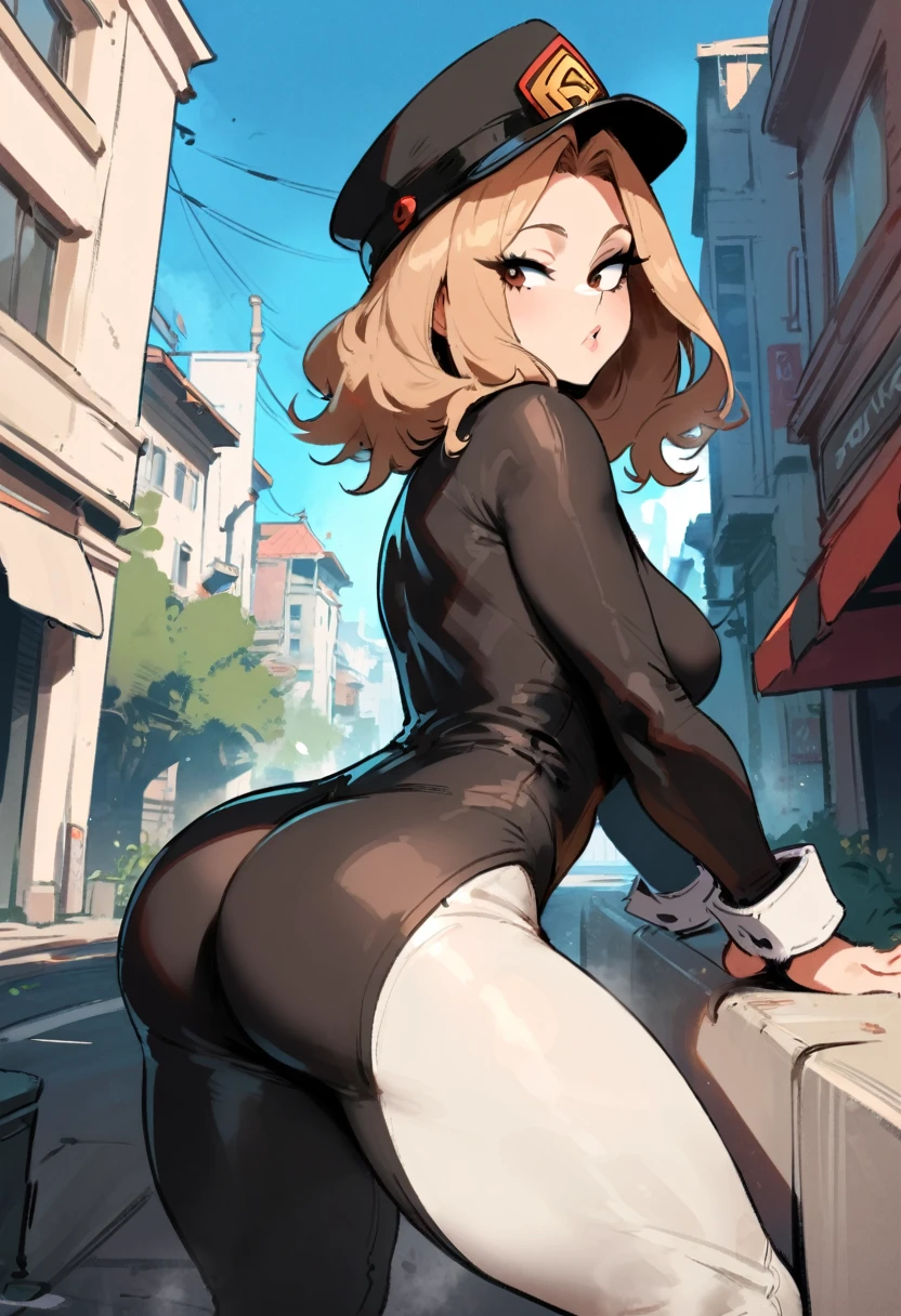 1girl, utsushimi kemii, boku no hero academia \\\\\ masterpiece, best quality, very aesthetic, absurdres, newest \\\\\\ slim body,///// by dodok,by nyantcha,cutesexyrobutts , by khyle,,////// beautiful face, light brown hair ,plump and glossy lips, . , , dark brown eyes,, cap, black catsuit . She wears white cuffs around her wrists,,standing, city, (rear view:1.2), ass view,, ,pov