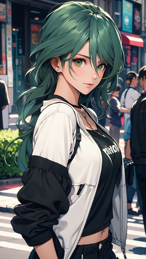 1 Female, thirties, Tamaki, green hair, hair between eyes, Street fashion,