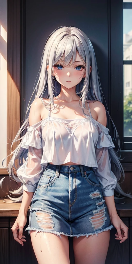 (masterpiece, Highest quality:1.2)、woman,Silver long hair,blue eyes,Sheer short camisole,Crop shirt,Off the shoulder,white,art, anime,Short denim skirt、My whole body is wet