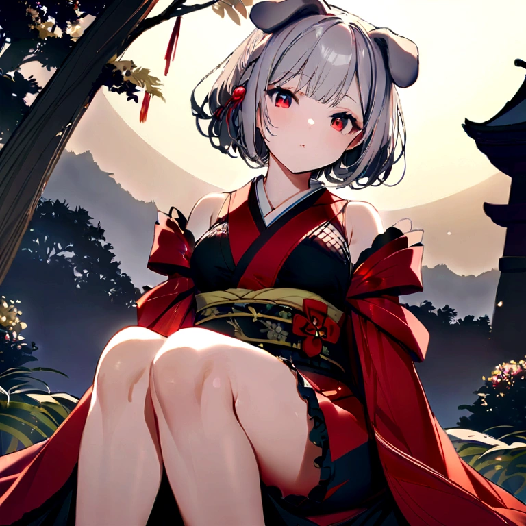 girl，cute，Small breasts，Gray Hair，Dog ears，short hair，Red Eyes，kimono，countryside，night，Sitting