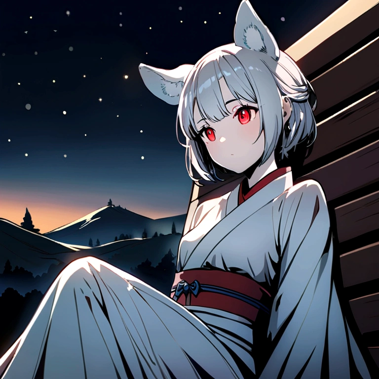 girl，cute，Small breasts，Gray Hair，Dog ears，short hair，Red Eyes，kimono，countryside，night，Sitting