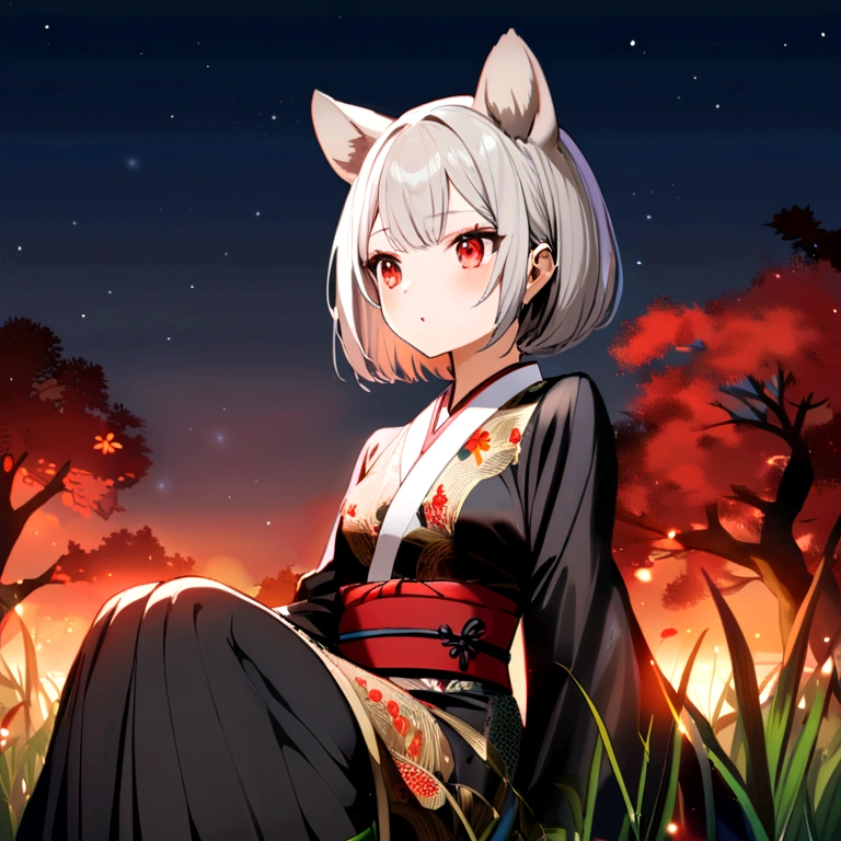 girl，cute，Small breasts，Gray Hair，Dog ears，short hair，Red Eyes，kimono，countryside，night，Sitting