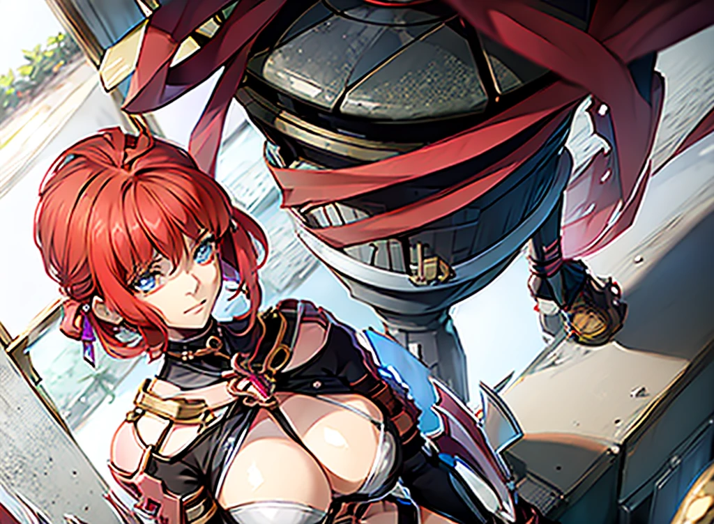 Anime, 1 girl, red hair, short hair, blue eyes, Yellow glowing eyes, Abdominal pain, The light sparkles beautifully., Beautiful fair skin, Guillotine Cross Set - Ragnarok Online, sit, Medicine table, science glass, Hand holding a round red glass bottle of water, drink red juice, red nectar (Skull-shaped round bottle), Drug research is being done, medicine bottle, friendly, Magical light, Sharp picture, Beautiful detailed pattern