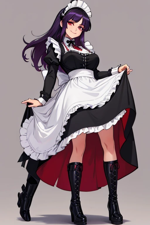 female, purple long hair, red eyes, (((1girl))), (((black maid uniform with white frills))), (white apron), (white thigh high socks), (black heels), demon tail, demon wings, cute and sexy, full body, large breasts, large butt, long legs, smiling