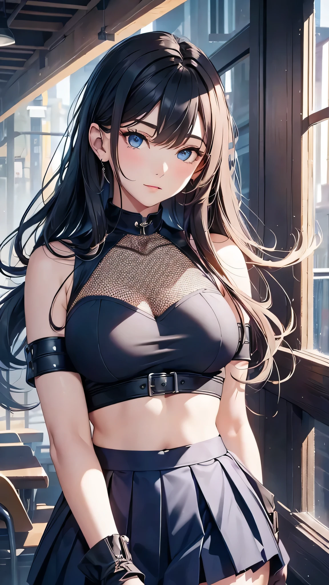 最high quality、Best image quality、masterpiece、With a girl((cute、20-year-old、Best Bust、Medium Bust、Bust 85,Beautiful Blue Eyes、Spread your chest wide,Long black hair、Slender、The best valley、、Blue Y-shirt、White short skirt,Show the whole body、Black perforated gloves,Blue Mesh)）high quality、Beautiful art、background((School、School zone、Strong winds)),Tabletop、Exquisite design、Visual Arts、Depth of written boundary、Best lighting、Highest detail、8ｋ