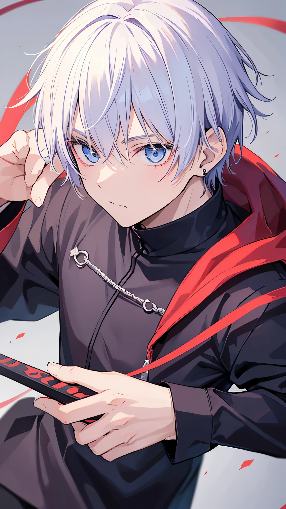 create a black Jujutsu no kaisen manga style image with a young male character extremely similar to Gaku from the Sakamoto Days manga, ele tem cabelo curto fe cor ciano claro e um capuz azul escuro quase preto, e olhos pretos, He wears red earrings and he is holding a heavy sword, he is extremely handsome and stylish, a imagem detalha bem ele, he is anime style.