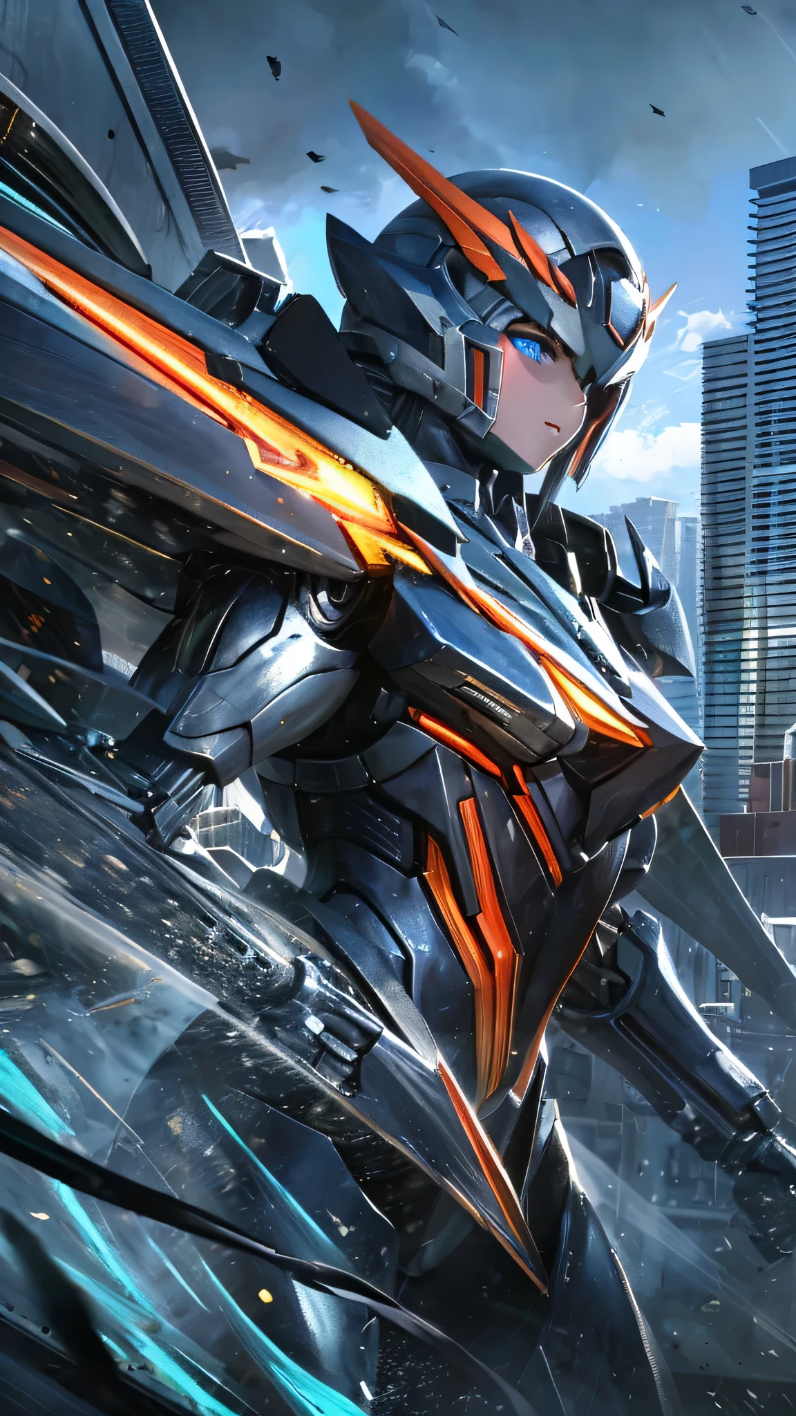 最high quality、Best image quality、masterpiece、Giant Mecha((Humanoid、Black body、Assault rifle、Body Armor))high quality、Beautiful art、background((City)),Tabletop、Exquisite design、Visual Arts、Depth of written boundary、Best lighting、Highest detail、8k