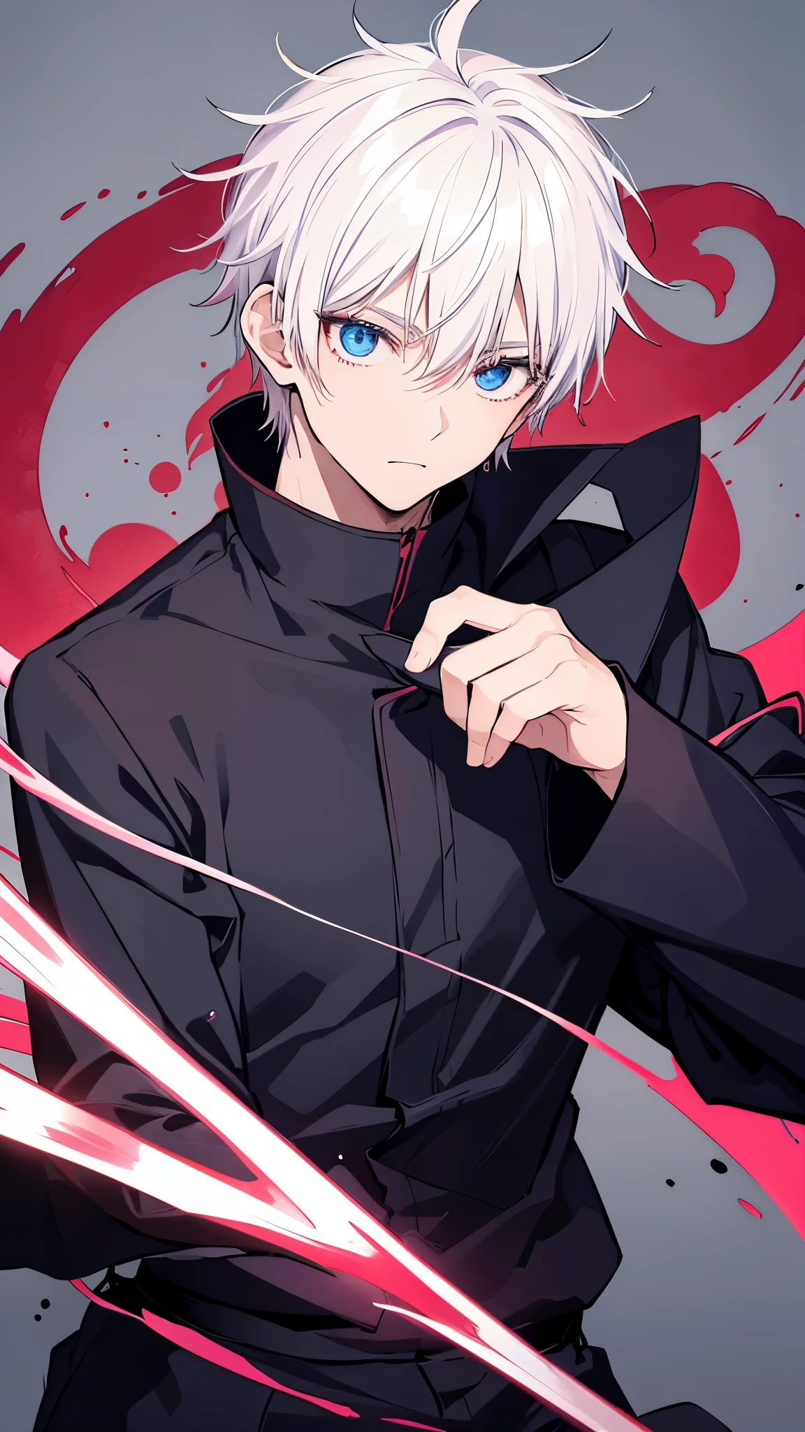 create a black Jujutsu no kaisen manga style image with a young male character extremely similar to Gaku from the Sakamoto Days manga, ele tem cabelo curto fe cor ciano claro e um capuz azul escuro quase preto, e olhos pretos, He wears red earrings and he is holding a heavy sword, he is extremely handsome and stylish, a imagem detalha bem ele, he is anime style.