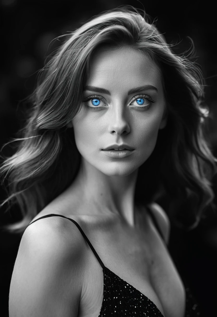Photo noir et blanc et bleu profond, une femme aux yeux bleus sublimes, (longs cheveux aux reflets bleus électriques très détaillés), une peau impeccable, tir à moitié du corps, tenant une rose darkblue, intensité du regard captivant, style de photographie fantaisiste, capturé avec un appareil photo Arriflex 35BL utilisant des objectifs Canon K25, Cinématique, Éclairage dramatique, Extrêmement clair, masterpiece surréaliste à couper le souffle.