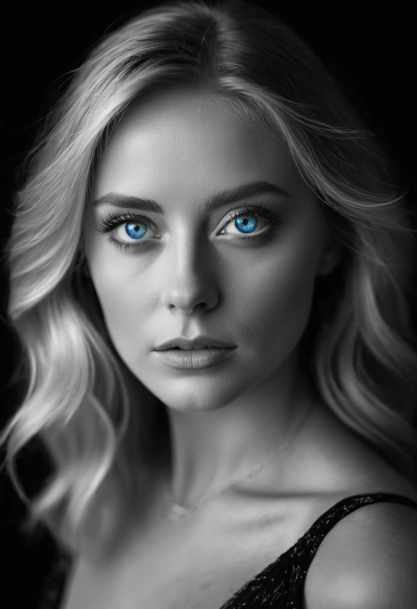 black and white, a woman with  blue eyes, half body shot, whimsical photography style, captured with an Arriflex 35BL camera using Canon K25 prime lenses, cinematic, dramatic lighting, ultra clear, breathtaking surreal masterpiece.