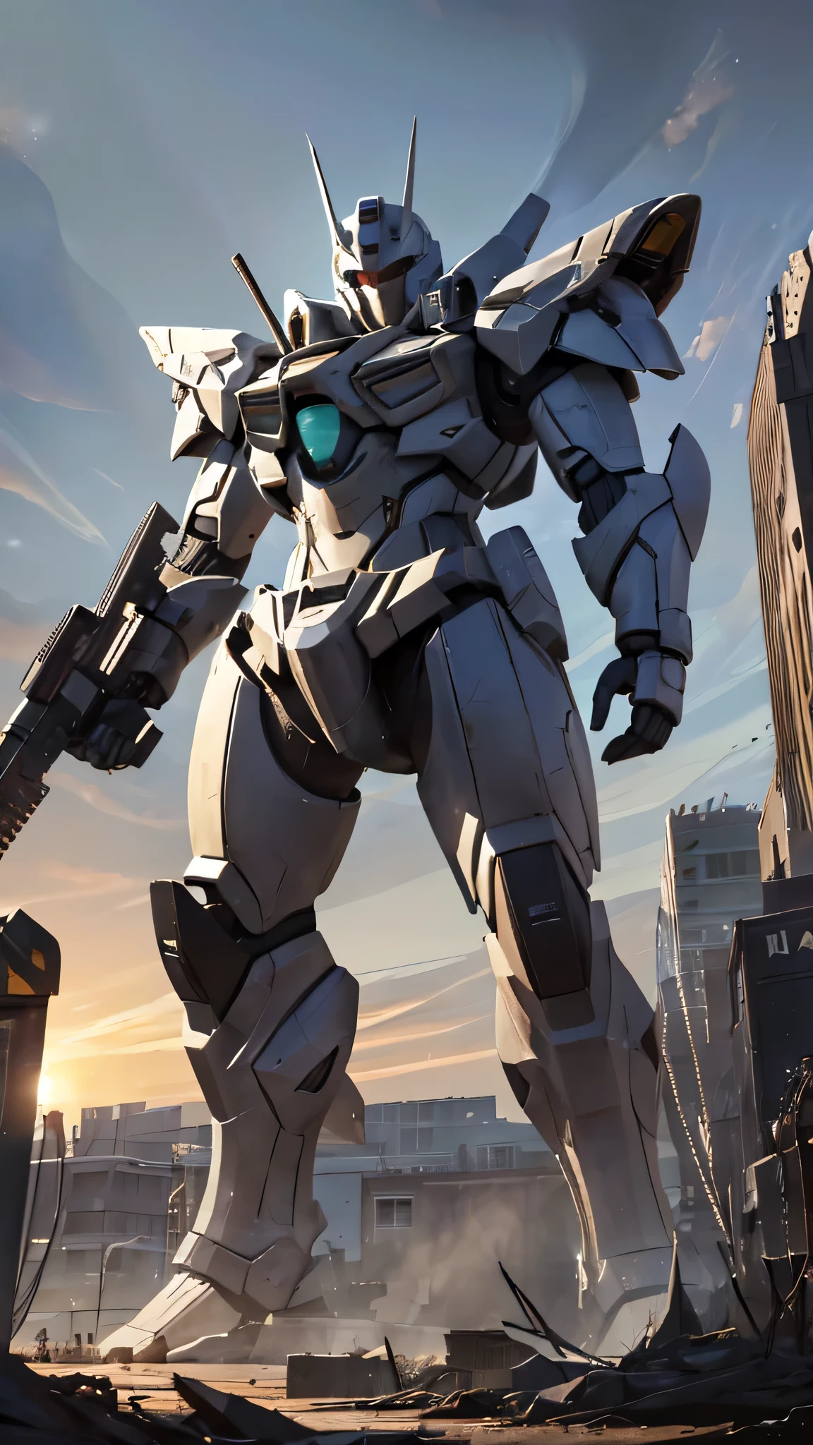 最high quality、Best image quality、masterpiece、Giant Mecha((Humanoid、Black body、Assault rifle、Body Armor)）high quality、Beautiful art、background((City)),Tabletop、Exquisite design、Visual Arts、Depth of written boundary、Best lighting、Highest detail、8ｋ