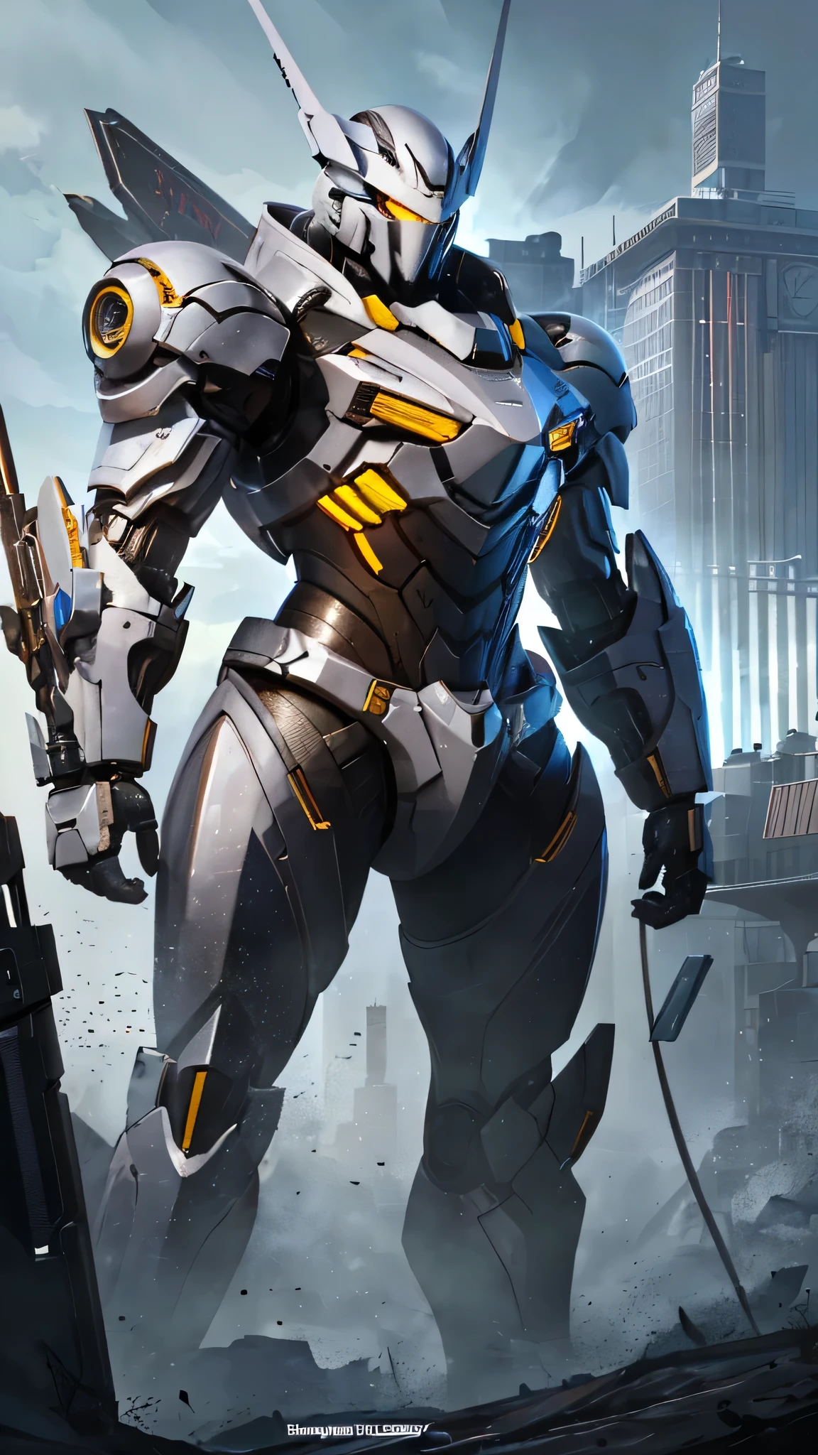 最high quality、Best image quality、masterpiece、Giant Mecha((Humanoid、Black body、Assault rifle、Body Armor))high quality、Beautiful art、background((City)),Tabletop、Exquisite design、Visual Arts、Depth of written boundary、Best lighting、Highest detail、8k