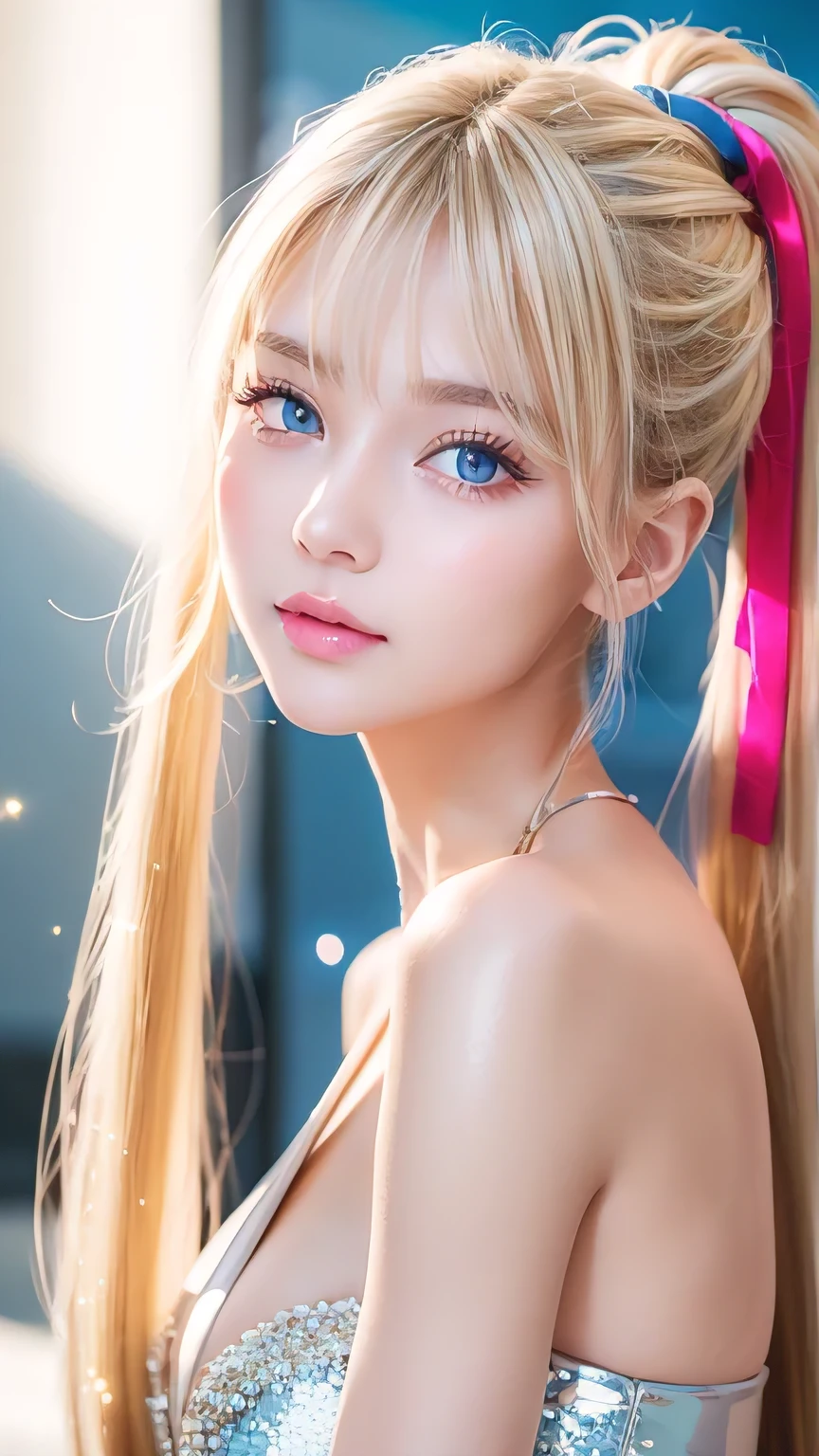 Portrait、、Bright expression、ponytail、Young, lustrous, glowing, white skin、Cheek highlight、The best beauty、Clear, silky blonde hair with dazzling highlights、Shiny bright hair,、Super long silky straight hair、Shiny beautiful bangs、Big bright blue eyes like sparkling jewels、Very beautiful lovely cute 16 year old girl、Ample Bust