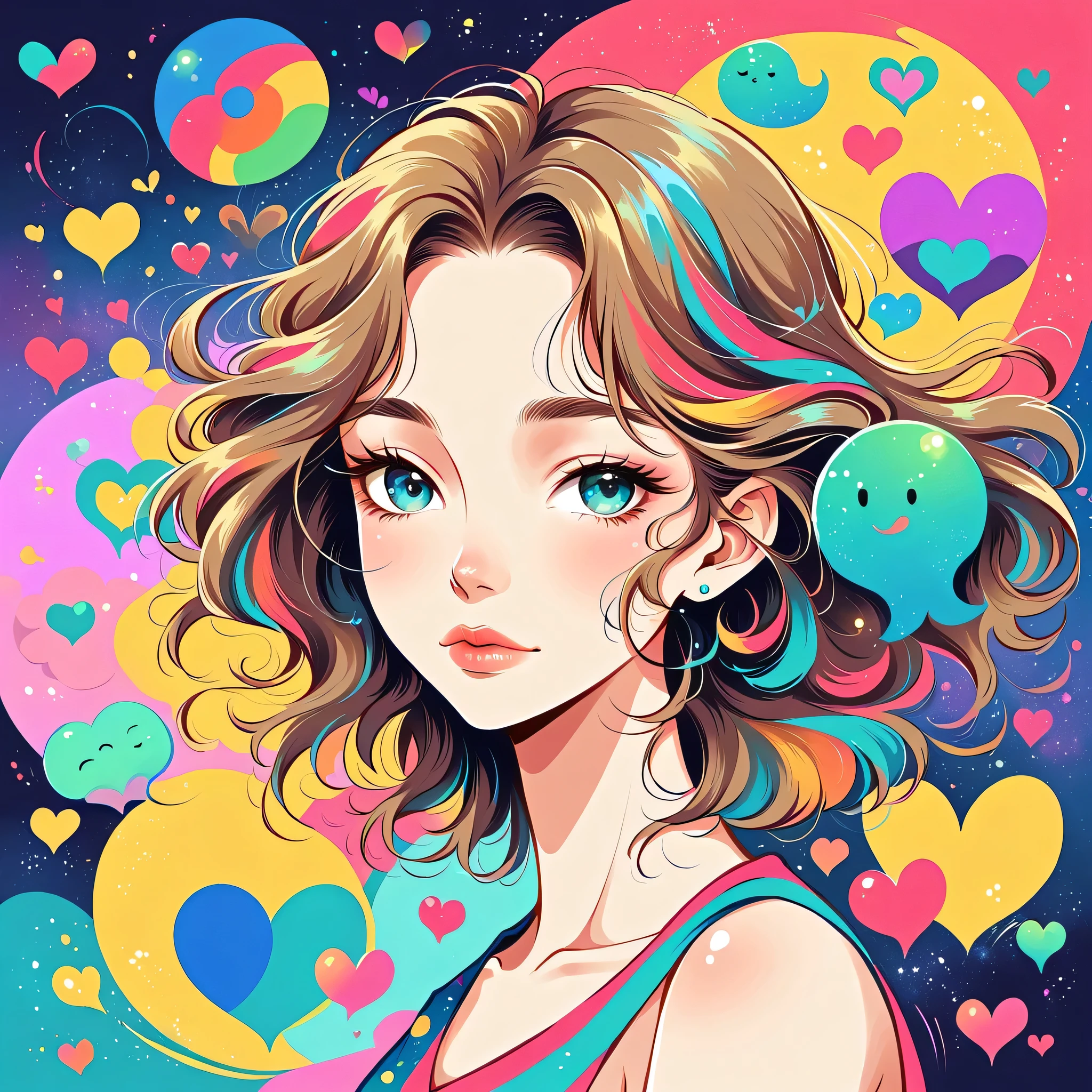 Micho style, Simple Line Initialism，Abstract art, colorful hearts ,colorful hearts, (((The most beautiful girl of all time))), Space Travel, Cute and colorful amoeba, Lips in love