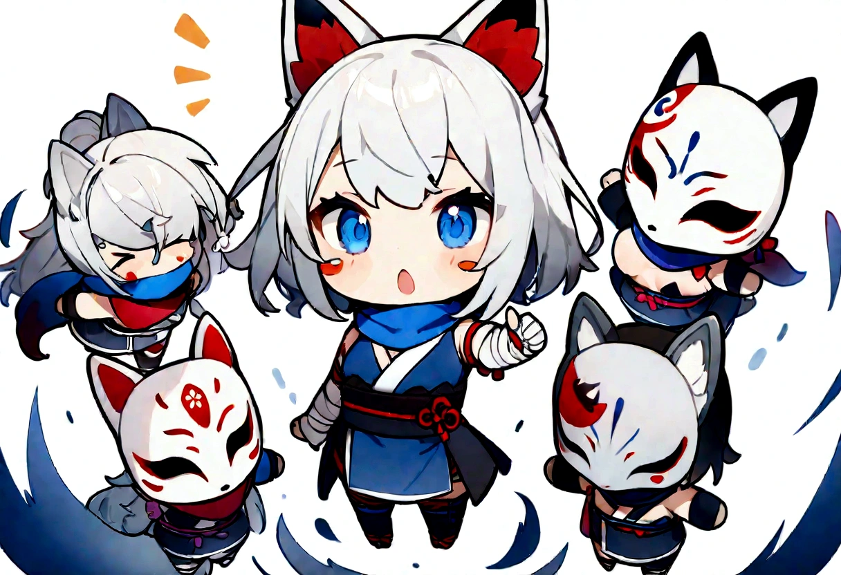 Stickers、White Gauntlet、chibi,No sleeve、Bleaching、(masterpiece, best quality:1.2), 1girl, 独奏,Wolf girl, fox mask, ninja, girl, white hair, odd eyes, blue kimono, ninja girl, red and blue scarf,Chibi Character、White background, fantastic atmosphere.White background、、Black fox mask、Fisheye Lens、hair、Bandage on chest、boy、Black fox mask、Blue Bondage