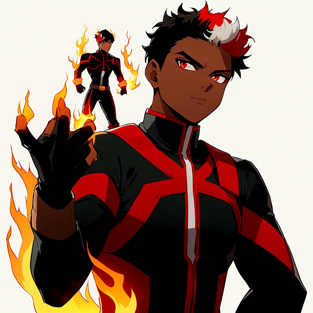 Black ager man using fire powers in black superhero costume with red lines, whole body