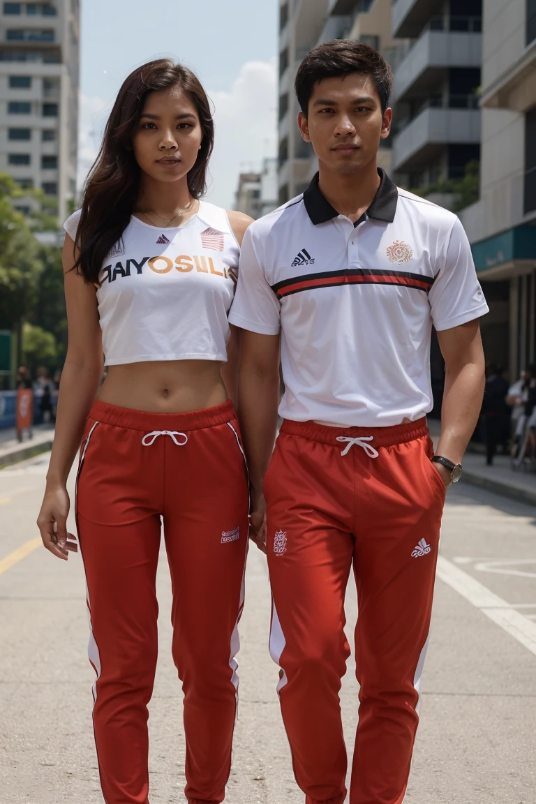 Malay girl and man, Olympic wear set, smart orange and black Olympic wear , super cool designs outfit , long pants