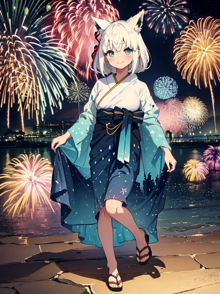 (masterpiece, Highest quality, Super detailed),One girl,((super fine illustration)),((cute eyes,highly detailed skin)),((smile)),((well endowed,Blessed,Captivating body、Detailed Background))、(yukata:1.5),firework,(大量のfirework,Night view,Ocean)、Festivals, full body、Animal ears、white long hair,