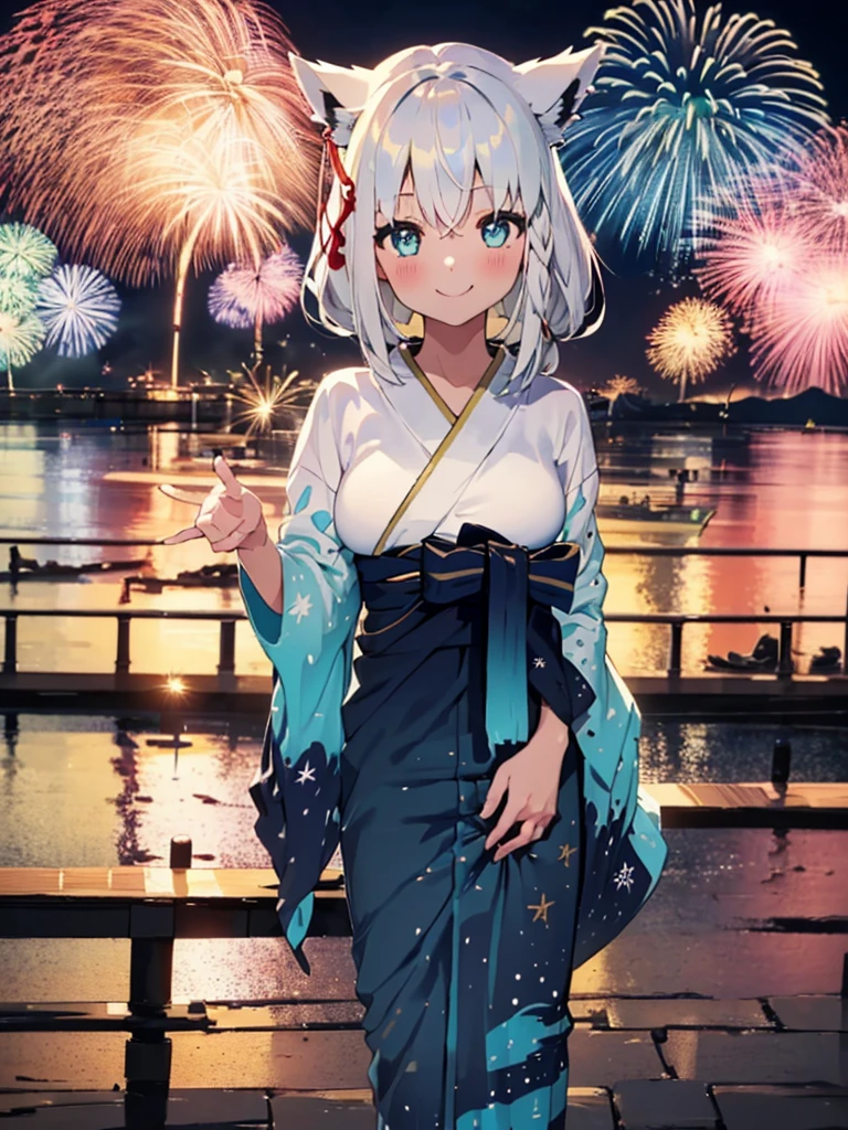 (masterpiece, Highest quality, Super detailed),One girl,((super fine illustration)),((cute eyes,highly detailed skin)),((smile)),((well endowed,Blessed,Captivating body、Detailed Background))、(yukata:1.5),firework,(大量のfirework,Night view,Ocean)、Festivals, full body、Animal ears、white long hair,