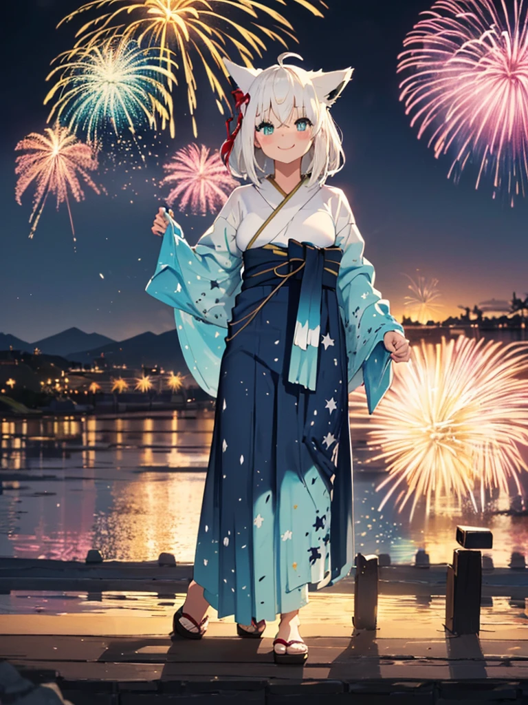 (masterpiece, Highest quality, Super detailed),One girl,((super fine illustration)),((cute eyes,highly detailed skin)),((smile)),((well endowed,Blessed,Captivating body、Detailed Background))、(yukata:1.5),firework,(大量のfirework,Night view,Ocean)、Festivals, full body、Animal ears、white long hair,